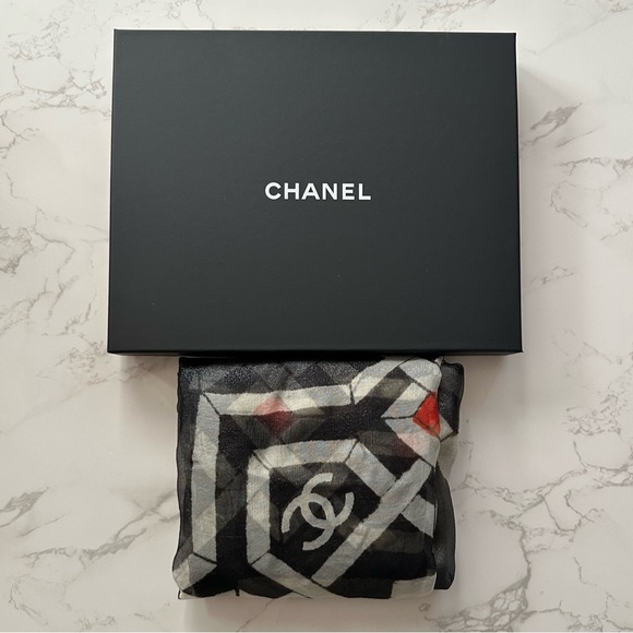 CHANEL Metallic Black & Cream Print Sheer Silk Scarf in Chanel Gift Box - Picture 13 of 16